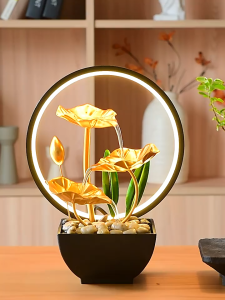 Zen-inspired flowing water ornament LED light ring fountain display high-end modern Chinese style home decoration feng shui ornament for living room and office to attract wealth.