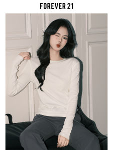 Forever21 Casual White round Neck Base T-Shirt Womens Korean Style Loose Long Sleeve Cashmere Top Basic Fit Spring Commute