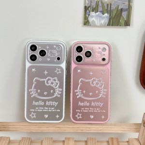 Sanrio | Cute Cartoon Pink Silver Bottom Star KT Head Phone Case for IPhone 15  Pro 16 17 Pro Max Shockproof Camera Protective Back Cover