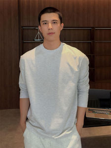 เสื้อสเวตเตอร์คอปกต่ำแขนยาวคอกลมไม่มีหมวกสำหรับผู้ชาย สีเทาอ่อน สไตล์อเมริกัน ทรงหลวม เสื้อชั้นในฤดูใบไม้ร่วง