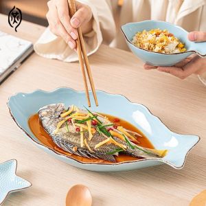 Ceramic Fish Dish Ocean Series Creative High-end Ceramic Western Food Plate Steamed Fish Plate Household Vegetable Plate Soup Plate Japanese Western Food Large Plate