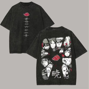 Bandai | Akatsuki T Shirt Naruto Pain Itachi All Members Vintage Acid Wash Streetwear Breathable Retro Anime Graphic Men Tees Clothing