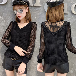 Yimei phiên bản Hàn Quốc Áo dài tay đen cổ chữ V áo dây buộc lỏng nữ cỡ lỡn mới mùa thu 2024 có che bụng