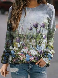 Floral Print Loose round Neck Sweatshirt Street Style Long Sleeve Hoodie Womens Fashion Comfortable Fit Crew Neck Sweater