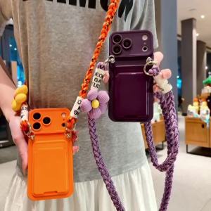 Cute 3D Flower Crossbody Lanyard Case For iPhone 18 Pro Max 17 13 14 15 Plus Card Holder Wallet Knit Strap Soft Silicone Cover