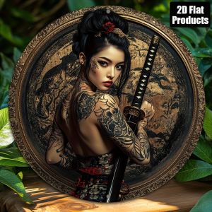 Japanese Samurai Girl Metal Tin Sign 8x8 inch Retro Anime Poster Round Aluminum Decorative Plaque for Home Bar Kitchen Wall Art
