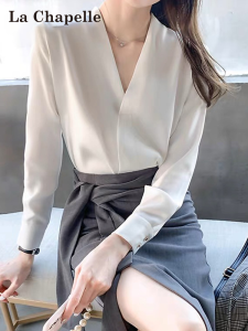 La Chapelle | White V-Neck Chiffon Blouse for Women