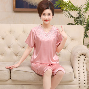 Miiow | Ice Silk Short Sleeve Sleepwear Set For Middle-Aged Mothers Comfortable Home Clothes V-Neck Bell Sleeve Seven-Foot Pants