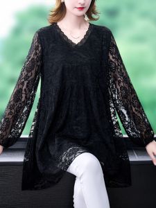 เสื้อเชิ้ตแขนยาวผ้าลูกไม้หลวมๆ สำหรับคุณแม่ผู้ใหญ่ไซส์ใหญ่ ทรงหลวมๆ ปกปิดหน้าท้อง เสื้อเชิ้ตคอวี แขนยาว ทรงหลวมๆ สำหรับฤดูใบไม้ร่วง