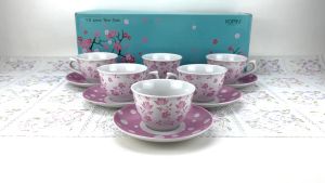 KOPIN 6 pasang cangkir set keramik motif polkadot Pink KPC-04 / tea set porcelain cup and saucer oven & microwave safe