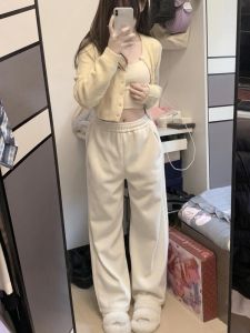 White Cotton Wide Leg Sweatpants Womens Spring Autumn Fleece Casual Pants Drapey Loose Straight Cut Sporty Trousers