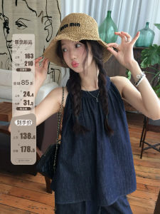 Bộ Đồ Denim Cotton Cổ Treo Thắt Nút Bướm Phong Cách HongKong Cổ Điển Bộ Đồ Hai Mảnh Mùa Hè Cho Nữ