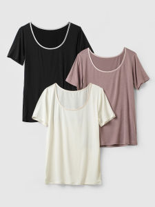 เสื้อยืดคอตั้งทรงหลวมสบาย ๆ สำหรับผู้หญิงในฤดูร้อน ผ้าไหมพื้น ลายสีพื้น แขนสั้น ปกปิดไหล่ ความยาวปกติ