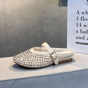 Elegant Water Diamond Mary Jane Head Cover Half Slippers Womens 2025 New Summer Outdoor Wear Half Hold Single Shoes French Style Sandals