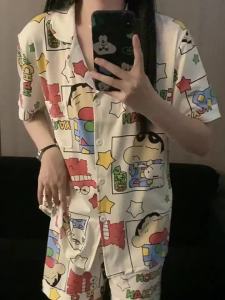 Đồ ngủ hoạt hình Crayon Shin-chan cho phụ nữ mùa hè tay ngắn mỏng quần short quần dài cổ bẻ bộ đồ mặc ngoài dễ thương