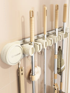 Bathroom Multi-Functional Suction Cup Hook Mop Wall Mounted No Drilling Strong Load Bearing Mop Cloth Broom Holder Storage Rack