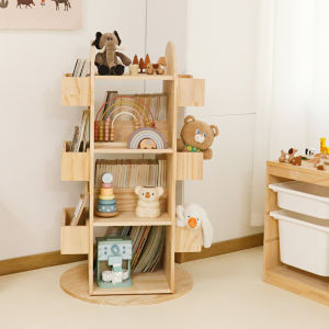 Rotating 360 Degrees Full Solid Wood Movable Childrens Bookshelf