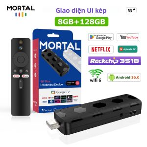 Thiết Bị Phát Trực Tuyến Mortal Mini TV Stick R3+ Android 14 4K HDR Điều Khiển Từ Xa Không Dây Bằng Giọng Nói Hỗ Trợ Google Netflix USB 3.0 WiFi 6 Chip Rockchip RK3518 BT5.0