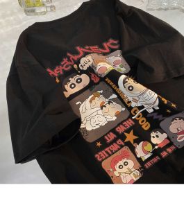 เสื้อยืดคอกลมแขนสั้นผู้หญิง ทรงหลวม ผ้าฝ้ายแท้ ลายการ์ตูน เสื้อยืดแฟชั่นฤดูร้อน 2024 คอลเลกชันใหม่ สไตล์ญี่ปุ่น