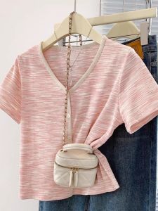 Pink Striped V-Neck Short Sleeve T-Shirt Womens Summer New Large Size Micro Fat MM Card Waist Small Shirt Dopamine Top