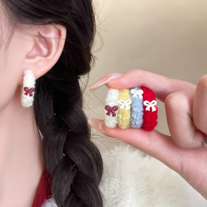 Cute Plush Butterfly Knot Earrings Women Unique round Face Slimming Fashion Sweet Personality Ear Jewelry Korean Style
