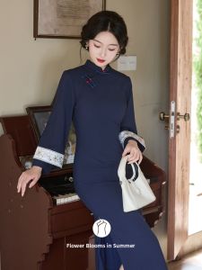 Retro Chinese-Style Blue Wide Sleeve Qipao Dress