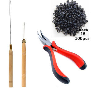I-Tip Hair Extension Tool Kit with Pliers Pulling Hook Bead Device 100 Pcs 5mm Micro Links Rings Beads Set for Hair Extensions