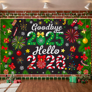 Goodbye 2025 New Year Banner Christmas Decorations Hello 2026 Holiday Banner for Party Celebration Indoor Decor Event Background