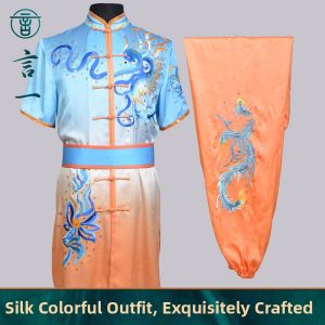 Silk Dragon Phoenix Embroidery Gradual Martial Arts Costume for Group Performance