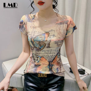 LMD European Station summer new simple crew neck fashion butterfly print short sleeve pure cotton T-shirt womens letter print patchwork slim soft comfortable ice silk blouse