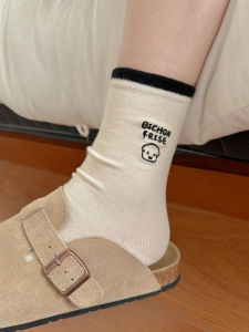 ถุงเท้าผู้หญิงลายการ์ตูนสุนัขสีขาวคอตตอนแท้ครึ่งแข้งสไตล์ญี่ปุ่นฤดูใบไม้ผลิและฤดูร้อน ถุงเท้าผู้หญิงสไตล์วิทยาลัยทันสมัย ถุงเท้าผู้หญิงแบบลำลอง