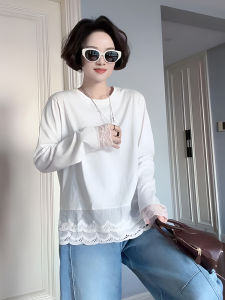 Unique Lace Splice round Neck Pullover T-Shirt Womens Spring New Style Casual Special Design Long Sleeve Classic Pattern