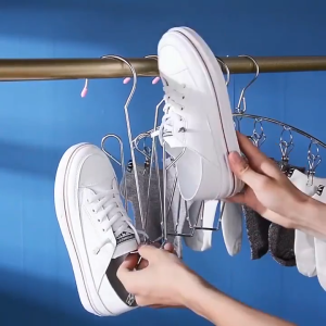Stainless Steel Shoes Drying Rack Multi-functional Antiskid Shoe Hanger with 2 Clips Portable Shoe Organizer