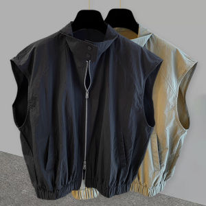 Parka Stand Collar Cardigan Outerwear Vest Mens Summer Korean Style Trendy Double Zipper Niche Design Sleeveless T-Shirt