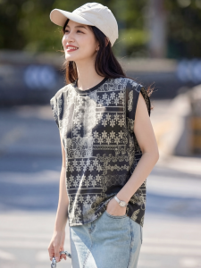 Basic House | New Chinese Style Printed TENCEL Flutter Sleeve Linen Light T-shirt