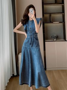 Váy Denim Chữ a Dài Vừa Phải Mùa Hè Mới Váy Chữ a Thường Ngày Phiên Bản Hàn Quốc Váy Chữ a Tay Lỡ Viền Bèo Nhún