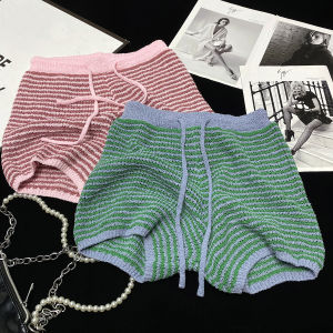 Quần Short Dệt Kim Rộng Rãi CCA Sweetie Dopamine Có Dây Rút Kẻ Sọc Quần Bó Sát Cho Nữ Quần Short Thường Ngày Thoải Mái