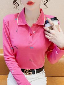 เสื้อยืดคอโปโลผู้หญิงทรงสลิมฟิตสไตล์เกาหลีลายทางดอกไม้ฤดูใบไม้ผลิและฤดูใบไม้ร่วงเสื้อผ้าทำงานแบบสวมหัวแขนยาว