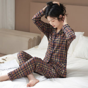 ชุดนอนผู้หญิงแขนยาวผ้าฝ้ายแท้ฤดูใบไม้ผลิและฤดูใบไม้ร่วง ชุดอยู่บ้านแบบบาง ชุดกันหนาว ชุดนอนผ้าฝ้ายแท้ลายสก็อตขนาดใหญ่