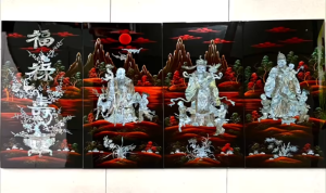Tranh sơn mài bộ 4 tấm - PHÚC LỘC THỌ - Khảm cừ chìm / Size 80x160 cm