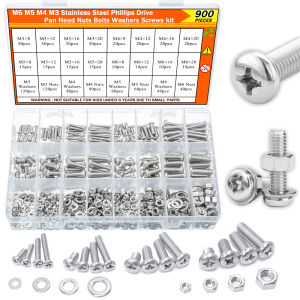 900pcs Stainless Steel Nuts Bolts Kit M3 M4 M5 M6 Metric Screw Set with Flat Washers Phillips Pan Head Machine Fasteners