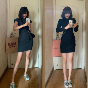 Elegant Black Pleated T-shirt Mini Dress Womens A-Line Slimming Skirt High Waist Cotton Long Sleeve round Neck H-Shape Dress