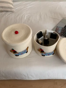 Creative Cute Puppy Woven Storage Basket with Lid Large Capacity Dustproof Snacks Sundries Organizer Bin Household Braided Toy Container Multipurpose Storage Bucket Hamper