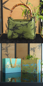 Green Silk Bamboo Node Leather Handbag Shoulder Bag Crossbody Bag for Women Chinese Style Floral Pattern Magnetic Buckle Closure