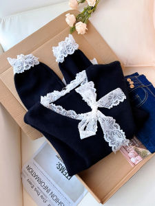 QINGNAER | French Lace Bow Black Sweet Slim Knitted Sweater