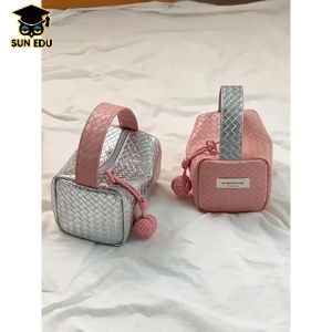 Pouch Cosmetic Make Up Womens Color Blocking Woven Pattern Small Handbag