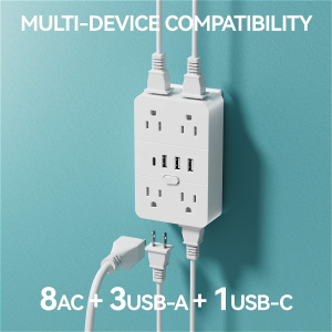 CHIEFWAY 1 Pack Multi Plug Wall Charger Power Strip with USB-A / USB C Ports Wall Socket Extender
