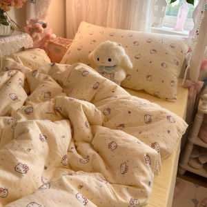 Kitty Cat Washed Cotton Bedding Set Soft Pure Cotton Bed Sheet Three Piece Set Full Cotton Duvet Cover Bed Canopy One And a Half