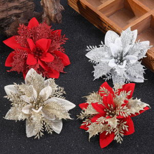 Protree 18cm/12pcs 15cm/24pcs  Christmas Flower with Gold Powder Christmas Tree Pendant