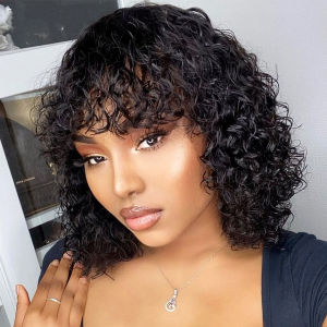 Tóc Giả Bob Jerry Curl Remy Brazil Dành Cho Phụ Nữ Da Đen Có Mái Sóng Sâu Tóc Người Ngắn Kích Thước Mũ Trung Bình Làm Máy.